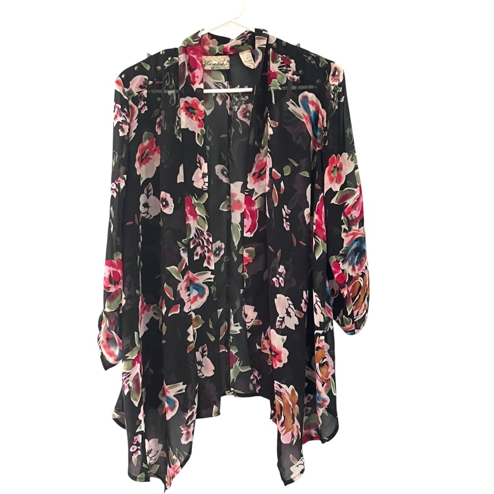 Gimmicks by BKE Buckle Women's Floral Sheer Open Front Blouse S Studded Shoulder